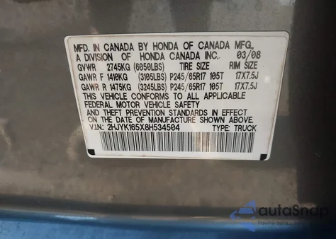 2008 Honda Ridgeline Rtl from USA, damaged, VIN 2HJYK165X8H534504